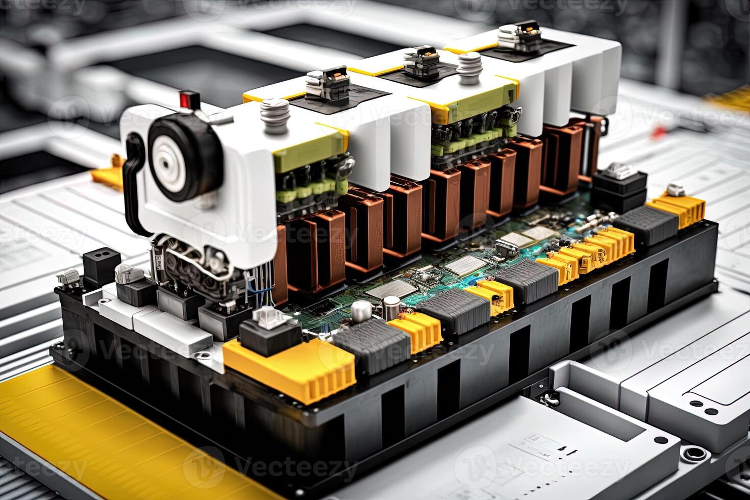 Interior of industry factory, Robot assembly line with electric car battery cells module on platform. photo