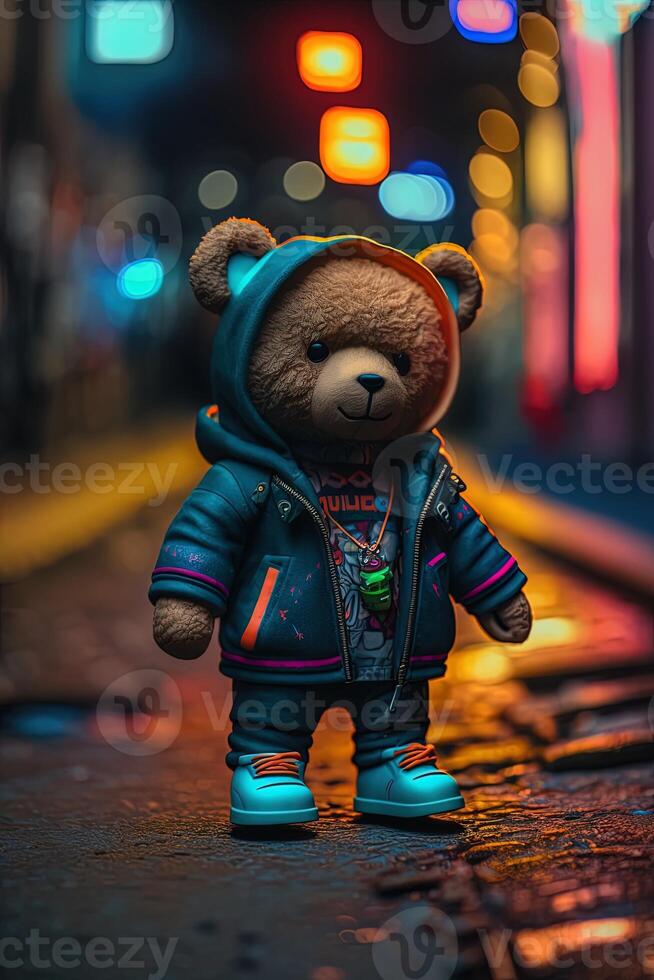 toy cute Bear in clothes jacket and sneakers on street background with neon lighting, photo