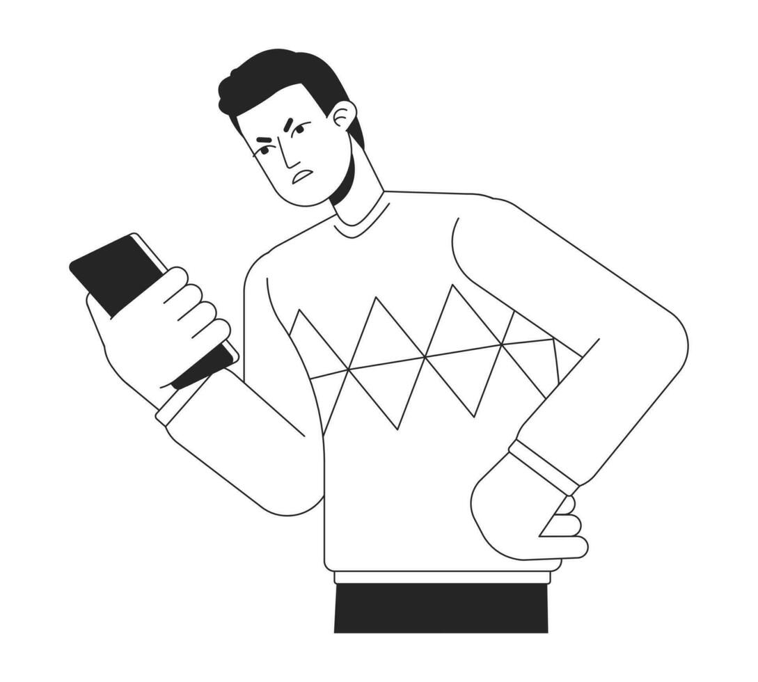 Angry caller looking at phone bw vector spot illustration. Irritated man with smartphone 2D cartoon flat line monochromatic character on white for web UI design. Editable isolated outline hero image