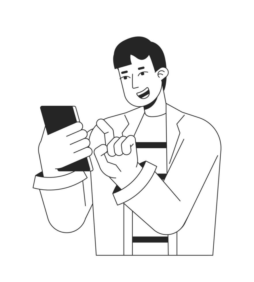 Excited guy playing on phone bw vector spot illustration. Scrolling cellphone 2D cartoon flat line monochromatic character on white for web UI design. Gadget user editable isolated outline hero image