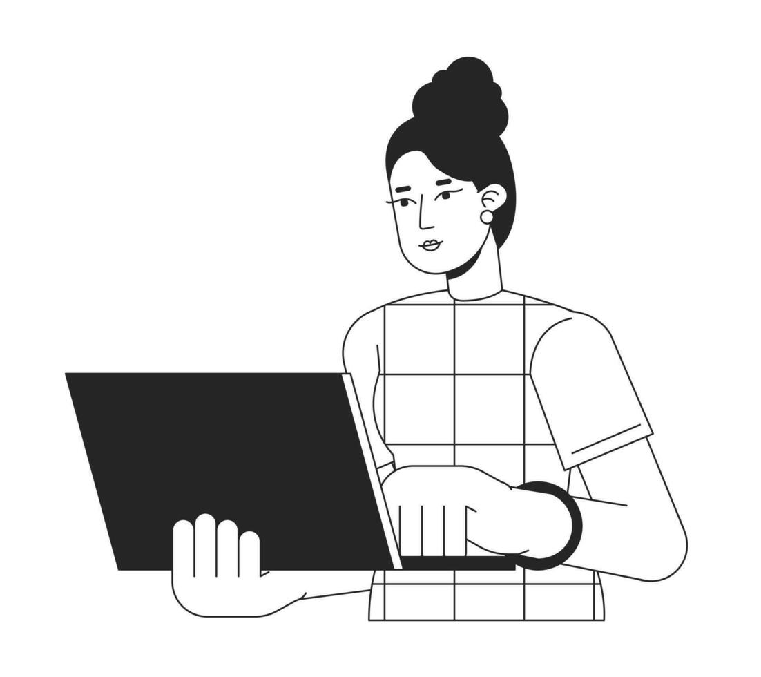 Woman using laptop in office bw vector spot illustration. Female task manager typing 2D cartoon flat line monochromatic character on white for web UI design. Editable isolated outline hero image