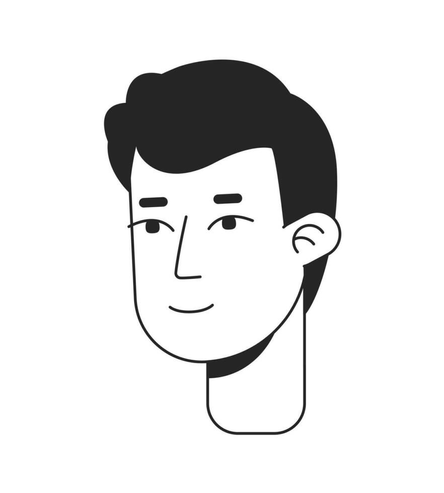 Handsome young man with peaceful smile monochrome flat linear character head. Nice guy. Editable outline hand drawn human face icon. 2D cartoon spot vector avatar illustration for animation