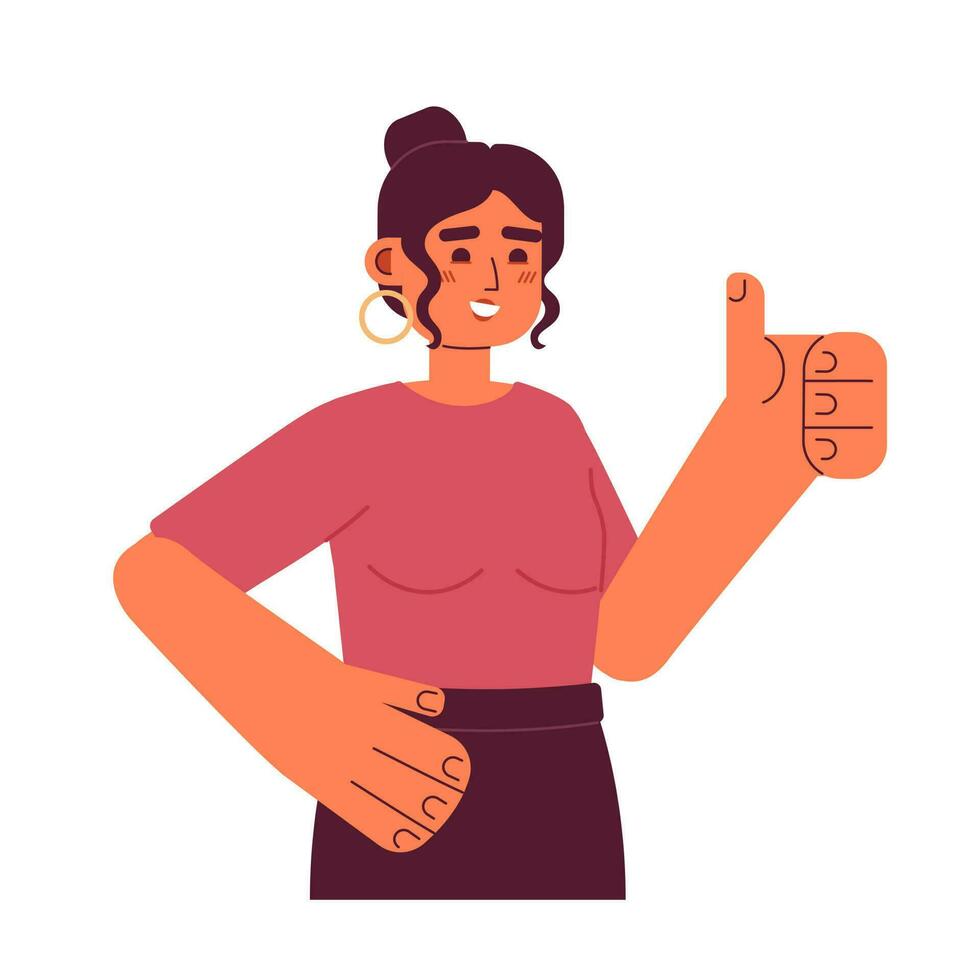 Young latina woman with thumb up semi flat colorful vector character. Excited hispanic girl giving approval. Editable half body person on white. Simple cartoon spot illustration for web graphic design