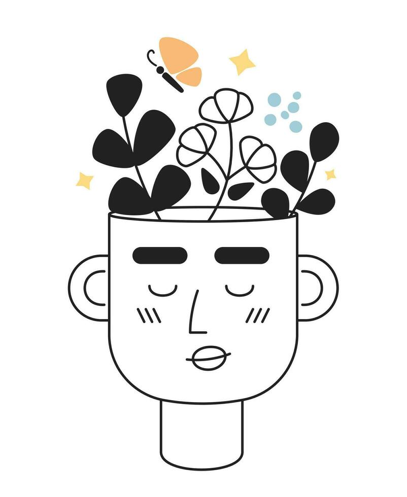 Think happy thoughts monochrome concept vector spot illustration. Self affirmations head 2D flat bw cartoon character for web UI design. Positive attitude isolated editable hand drawn hero image