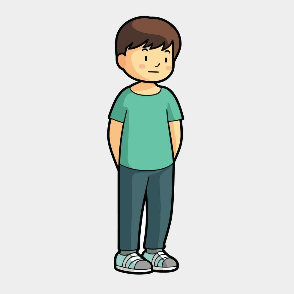 Cartoon cute boy stands in a confident pose, arms crossed over his chest. Colorful vector isolated kids illustration.