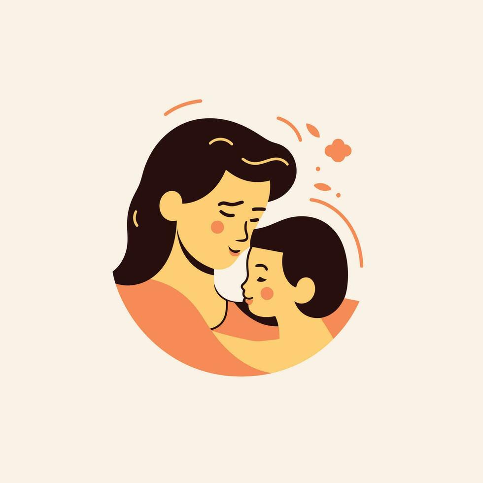Vector Illustration Of Mother Holding Baby Son In Arms. Happy Mother's Day Greeting Card.