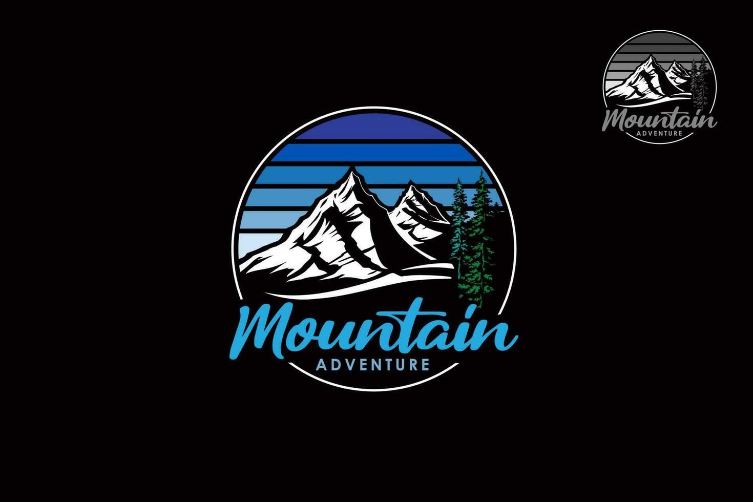 Mountain Adventure Vector Logo Template. The main symbol of the logo is mountains and pines tree this logo symbolizes a nature, peace, and calm, this logo also look modern, sporty, simple and young.
