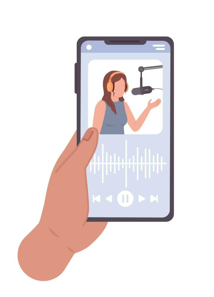 Holding smartphone with podcast app semi flat color vector first view hand. Close up image. Editable icon on white. Simple cartoon style spot illustration for web graphic design and animation