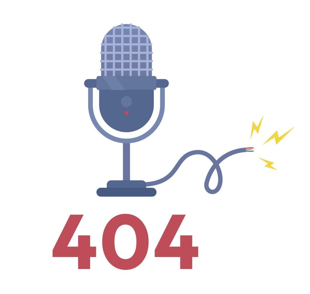 Microphone damage 404 page not found illustration. Mic with broken wire flat vector 2D cartoon object on white. Editable error flash message for application, web UX, UI design