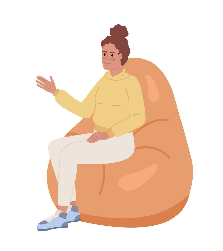 Listening woman on bean bag semi flat color vector character. Showing