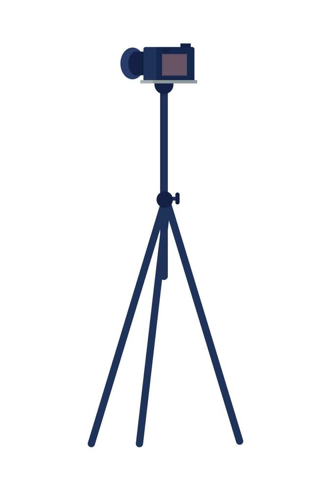 Tripod with video camera semi flat color vector object. Podcast equipment. Editable icon. Full sized element on white. Simple cartoon style spot illustration for web graphic design and animation