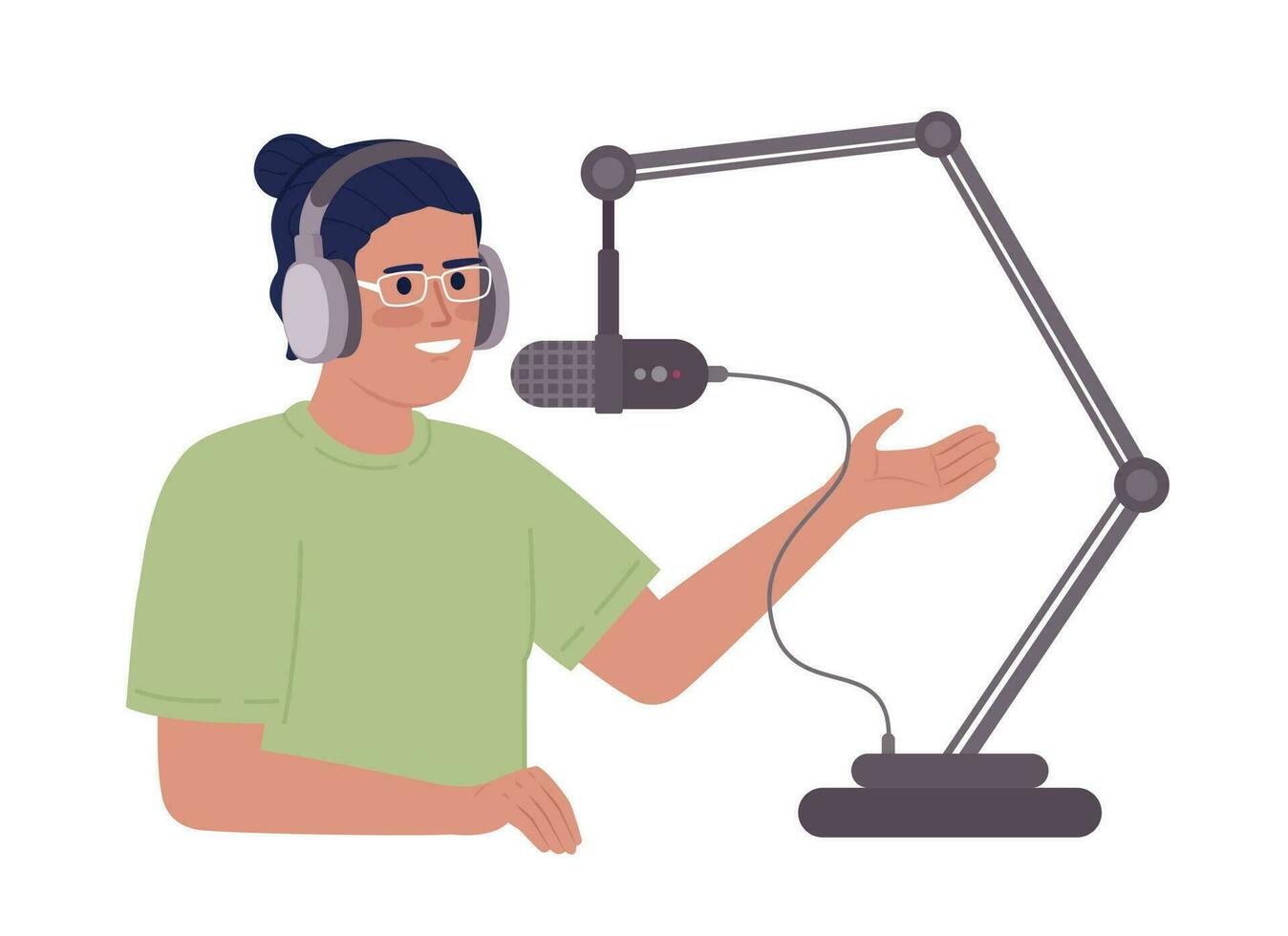 radio anfitrión Hablando dentro ajustable mic estar semi plano color vector personaje. editable cifra. medio cuerpo persona en blanco. sencillo dibujos animados estilo Mancha ilustración para web gráfico diseño y animación