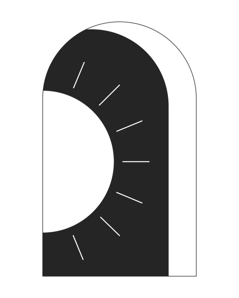 Arched frame with peeping out sun on dark sky flat line black white vector concept. Editable cartoon style icon. Simple isolated outline spot illustration for web graphic design and animation