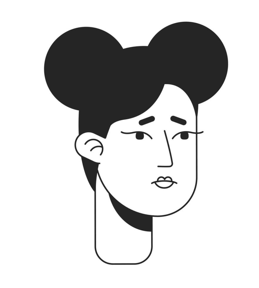 Dejected student girl with space buns flat line monochromatic vector character head. Heartbroken. Editable outline avatar icon. 2D cartoon line spot illustration for web graphic design, animation