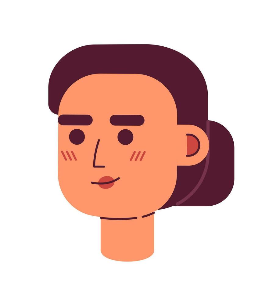 Cortés sonriente mujer con bajo bollo peinado semi plano vector personaje cabeza. elegante dama. editable dibujos animados avatar icono. cara emoción. vistoso Mancha ilustración para web gráfico diseño y animación