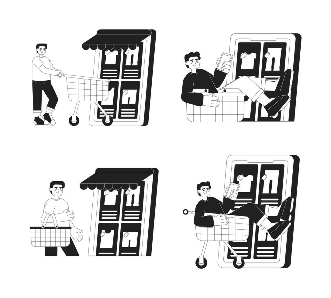 Clothing app for shopping through mobile monochrome concept vector spot