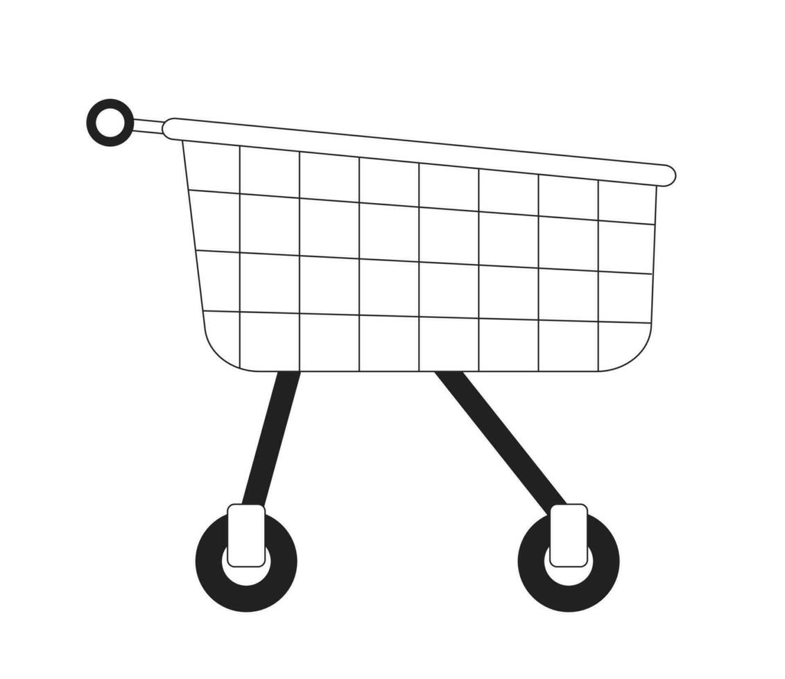 Shopping trolley with wheels monochrome flat vector object. Grocery cart. Editable black and white thin line icon. Simple cartoon clip art spot illustration for web graphic design and animation