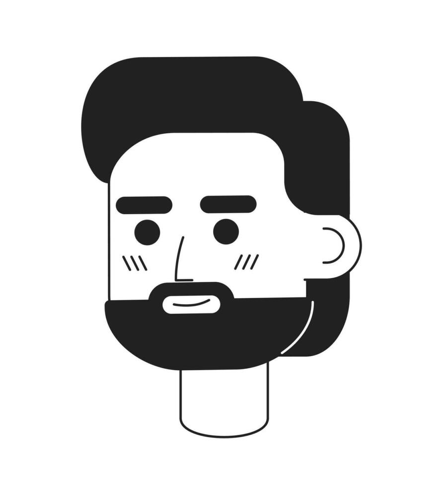Optimistic bearded man monochromatic flat vector character head. Guy with facial hair. Editable black white cartoon face emotion. Hand drawn ink spot illustration for web graphic design, animation
