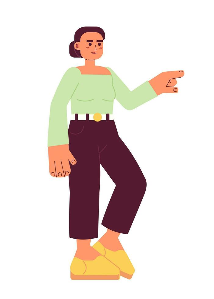 Smiling woman pointing with index finger semi flat colorful vector character. Show direction. Editable full body person on white. Simple cartoon spot illustration for web graphic design and animation