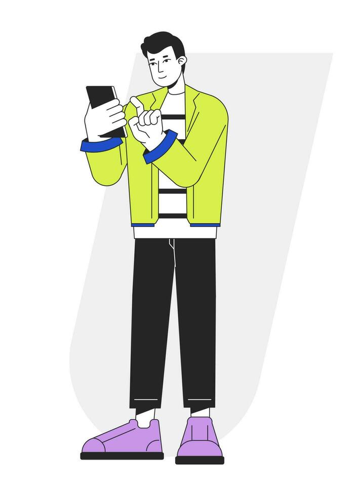 Smiling man dialing number on cellphone to call flat line vector spot illustration. Gadget guy 2D cartoon outline character on white for web UI design. Editable isolated colorful hero image