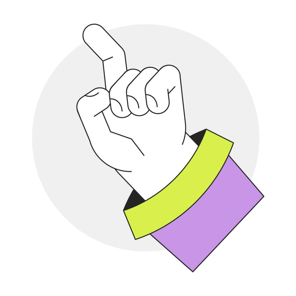 Raised up hand with index finger ready to touch flat line vector spot illustration. Press, click 2D cartoon outline first view hand on white for web UI design. Editable isolated colorful hero image