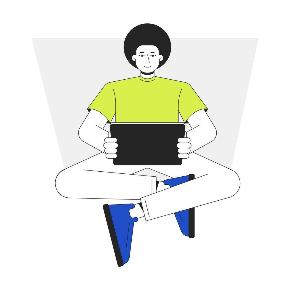 Man holding tablet flat line vector spot illustration. Afro hairstyle guy sitting with electronic gadget 2D cartoon outline character on white for web UI design. Editable isolated colorful hero image