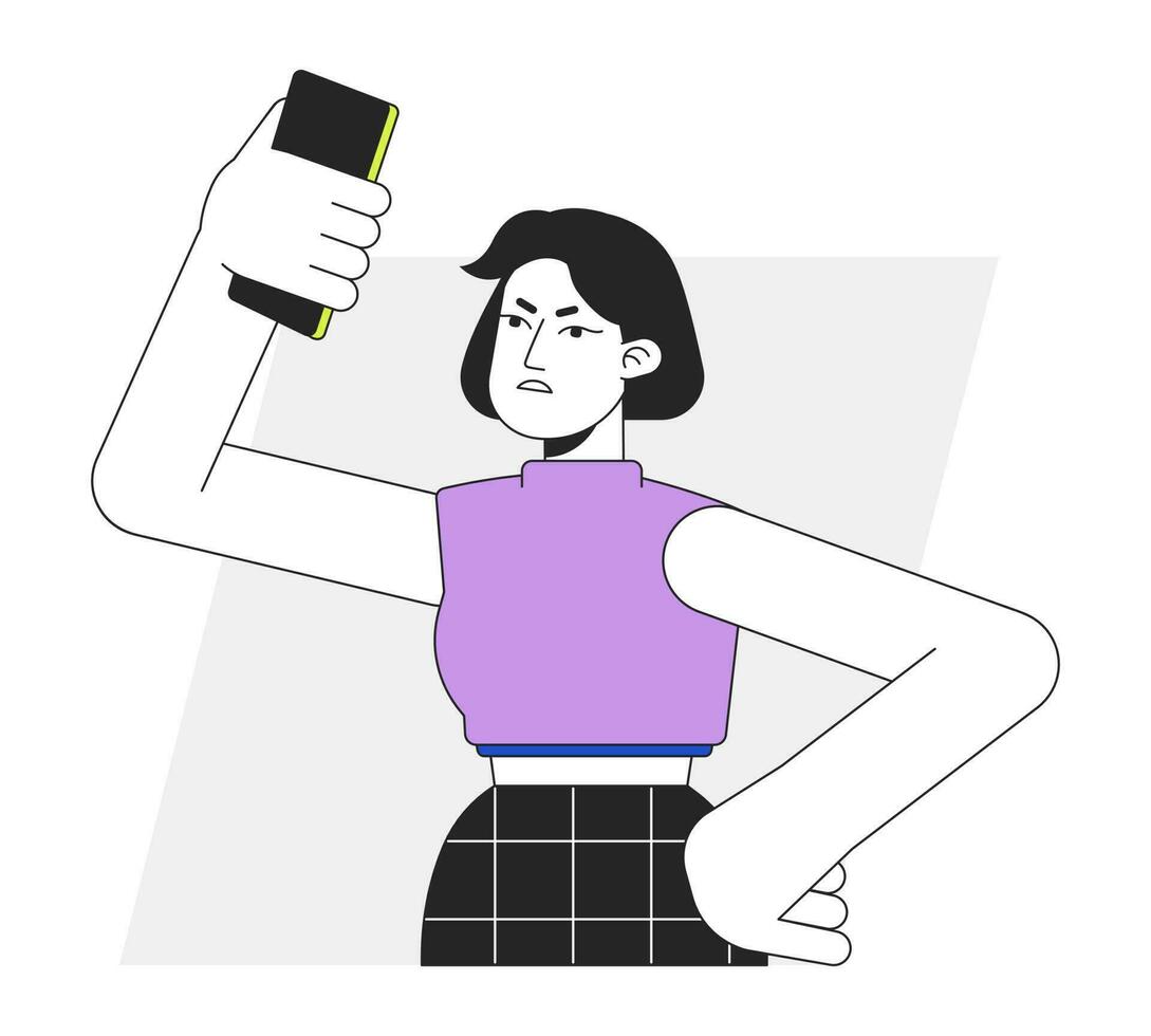 Displeased woman with not working phone flat line vector spot illustration. 2D cartoon outline character on white for web UI design. Problem with internet editable isolated colorful hero image