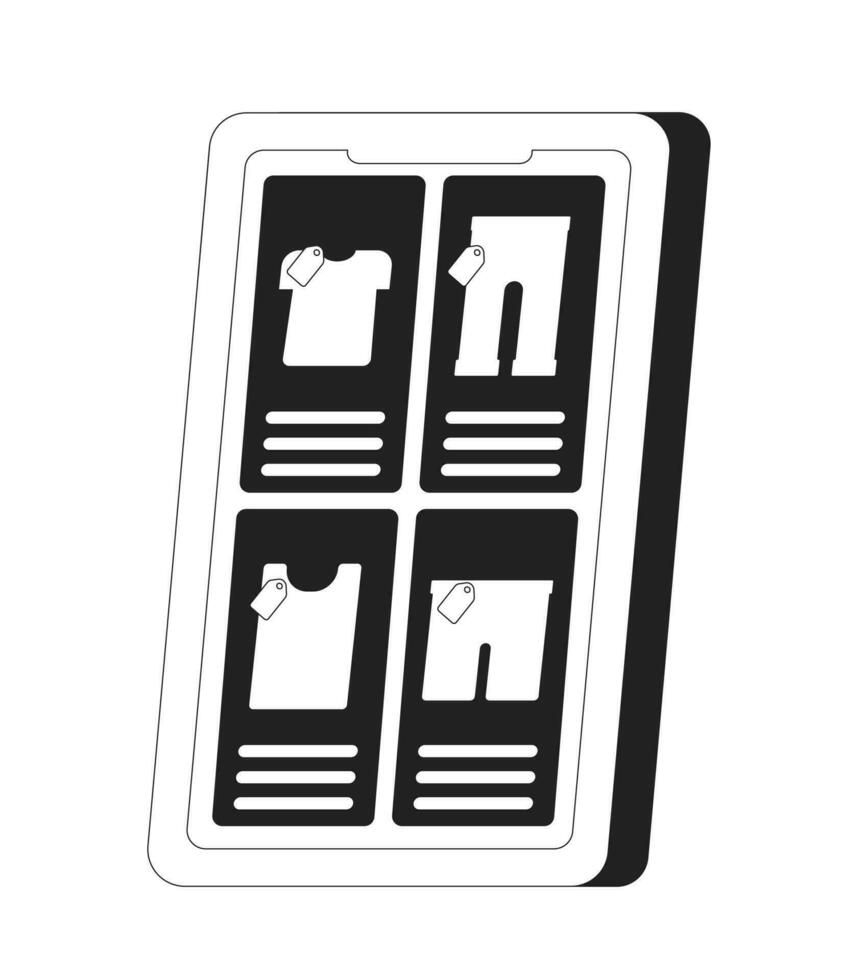 Mobile phone with clothing store monochrome flat vector object. Shop platform. Editable black and white thin line icon. Simple cartoon clip art spot illustration for web graphic design and animation