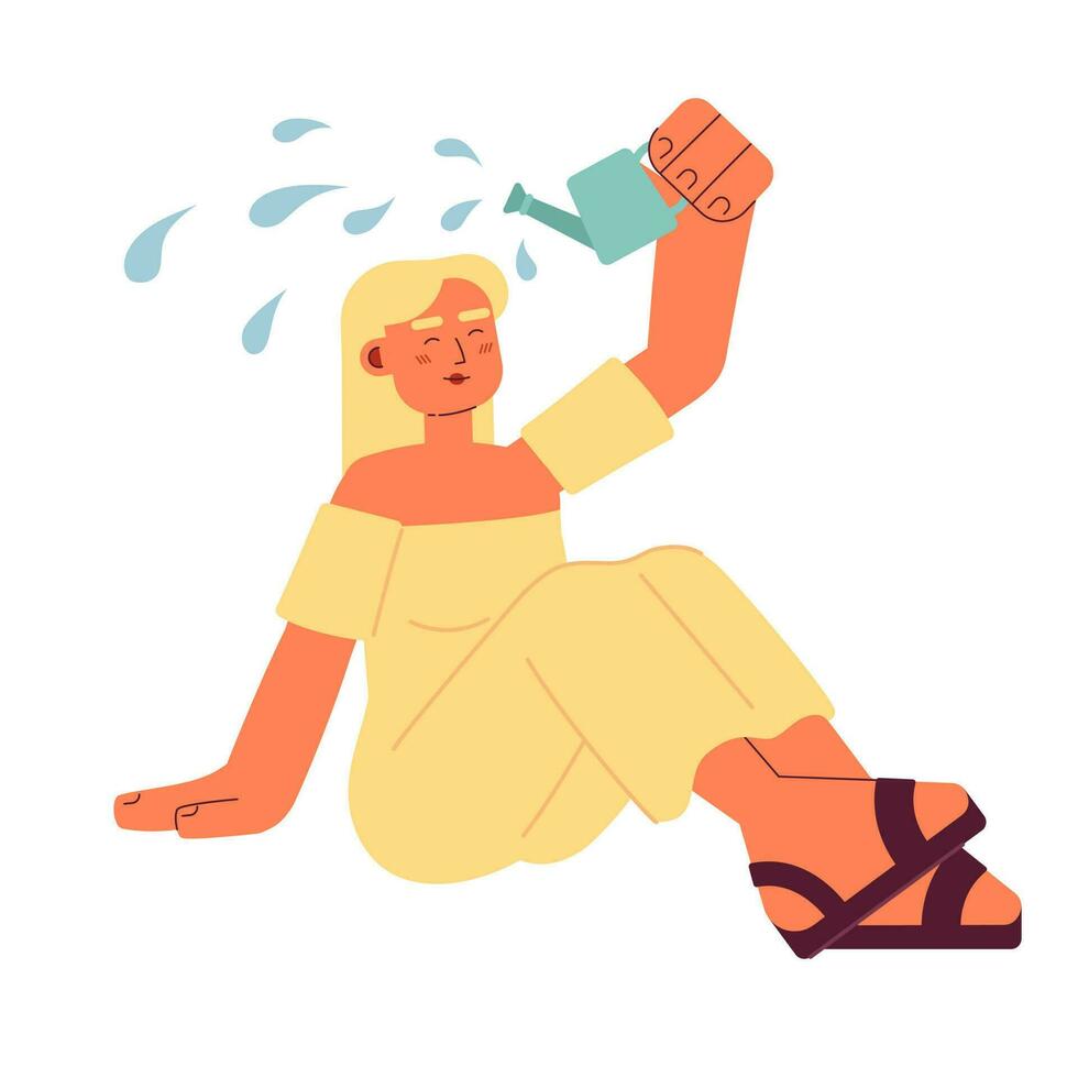 Attractive happy blonde woman watering herself semi flat colorful vector character. Self care concept. Editable full body person on white. Simple cartoon spot illustration for web graphic design