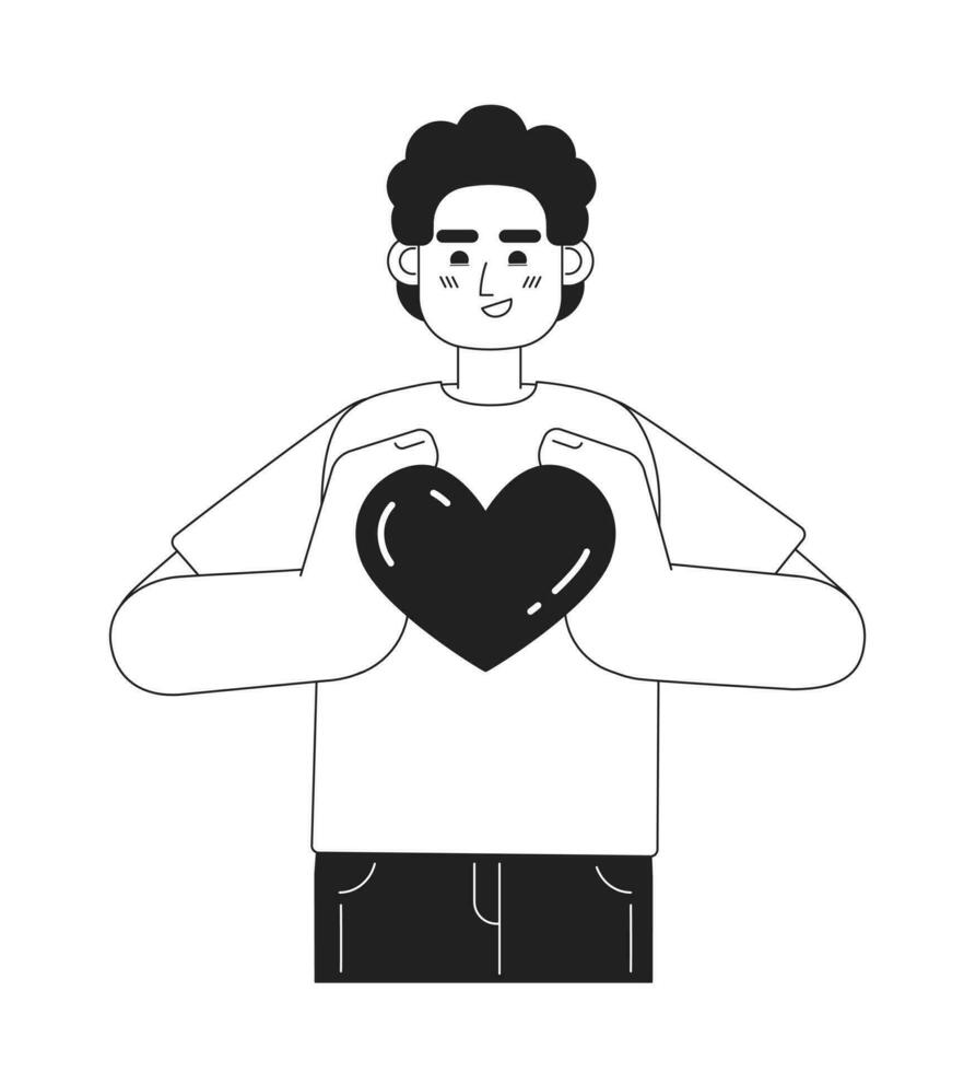 untado amor a otros monocromo concepto vector Mancha ilustración. caucásico hombre participación corazón en manos 2d plano bw dibujos animados personaje para web ui diseño. ser tipo aislado editable mano dibujado héroe imagen