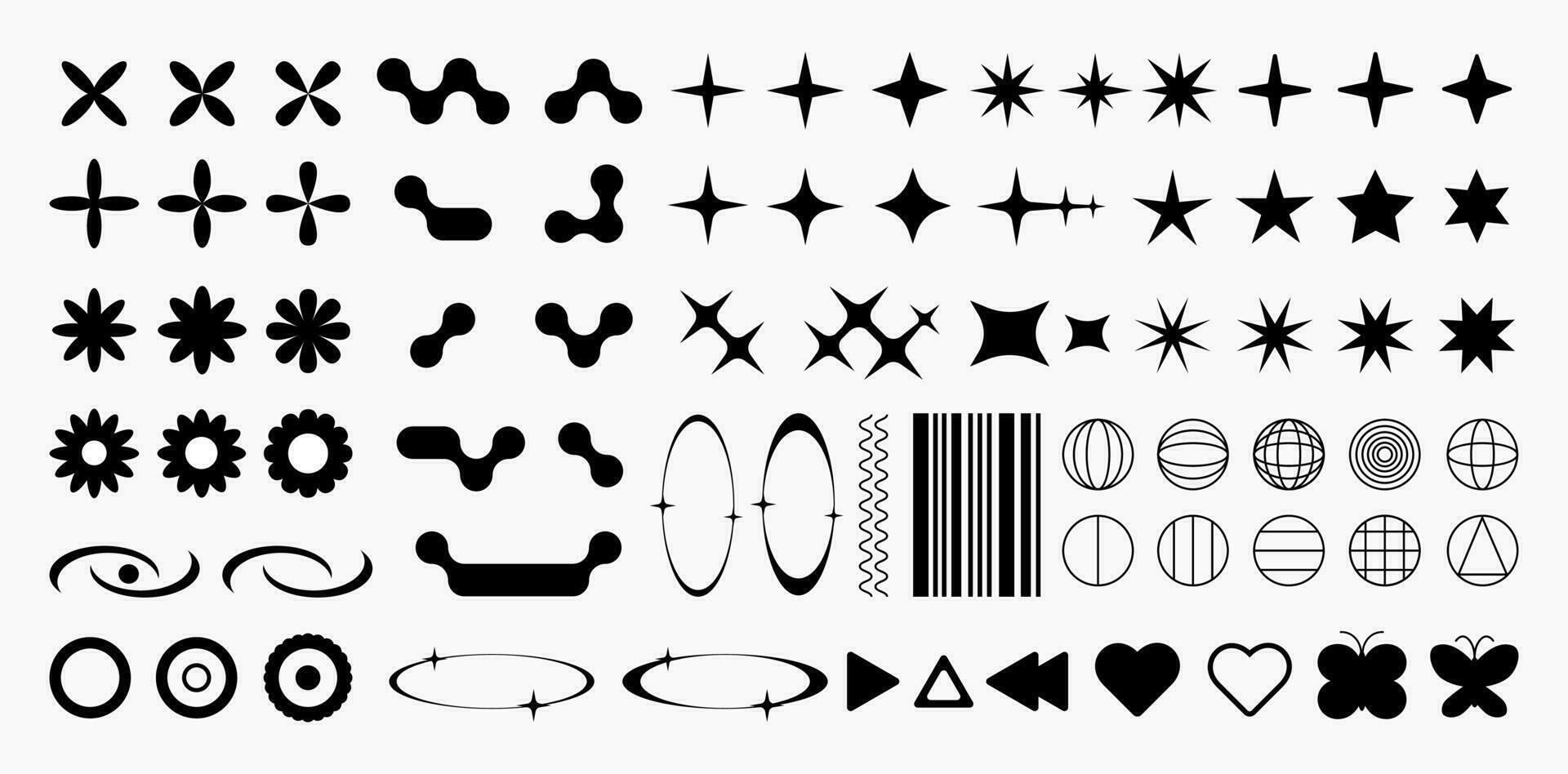 Big collection of Y2K abstract symbols and design elements, retro vector icons and signs set.