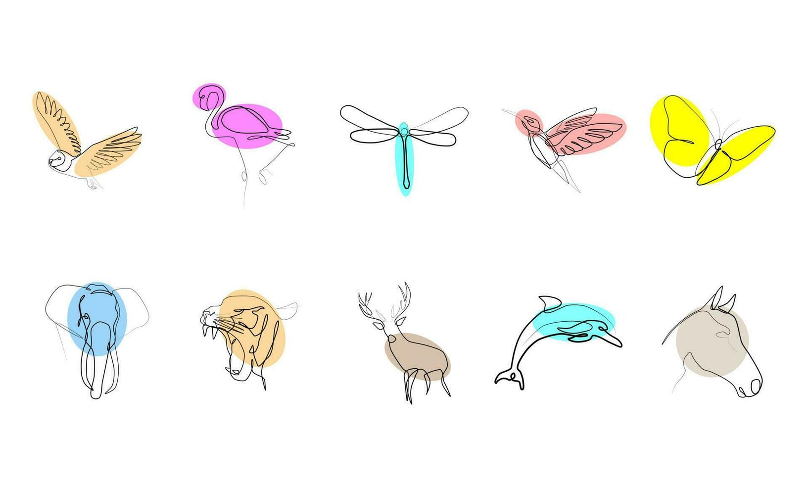 uno línea gráfico colocar. colección de aves, animales, insectos en moderno sencillo lineal estilo. tatuaje ideas vector