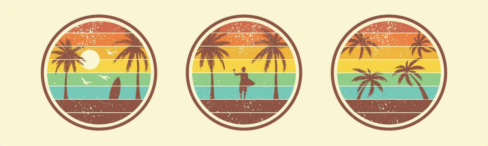 Tropical sunset. Surf and beach. Vintage beach print. Tee graphic designs. Set of vector surfing badges. For t-shirt prints, posters, and other uses.