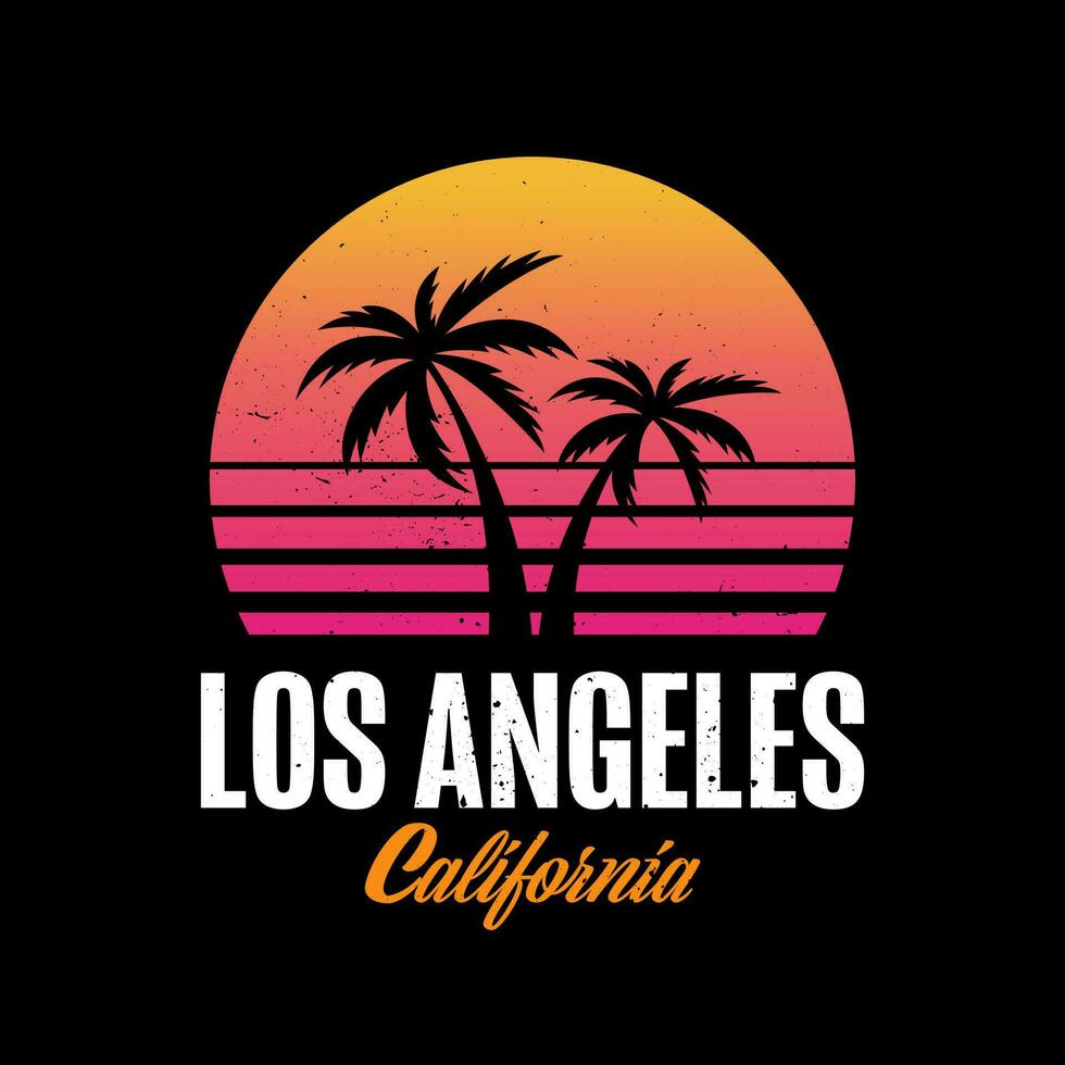 Summer Retro Wave background with palms. Tshirt Graphic with Los Angeles Theme in 80's style. Synthwave vibes for apparel print. vector