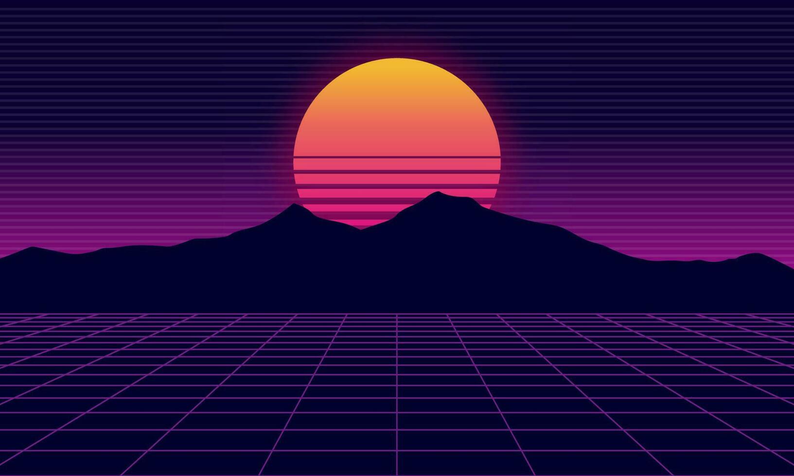 Vaporwave futuristic 80's landscape and sun on background with 3D grid vector