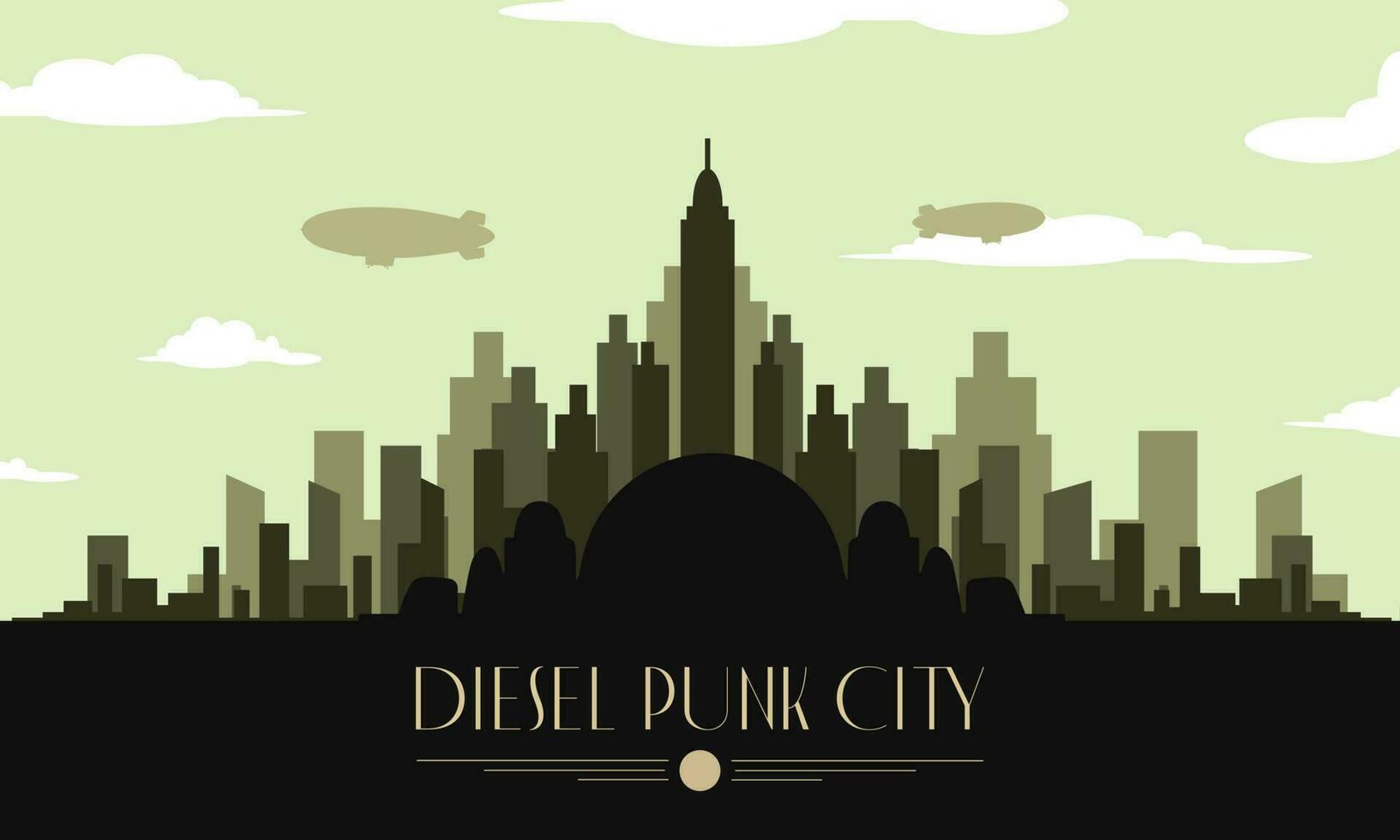 Diesel punk skyline city vector urban landscape in 1950s. Retro City scape.