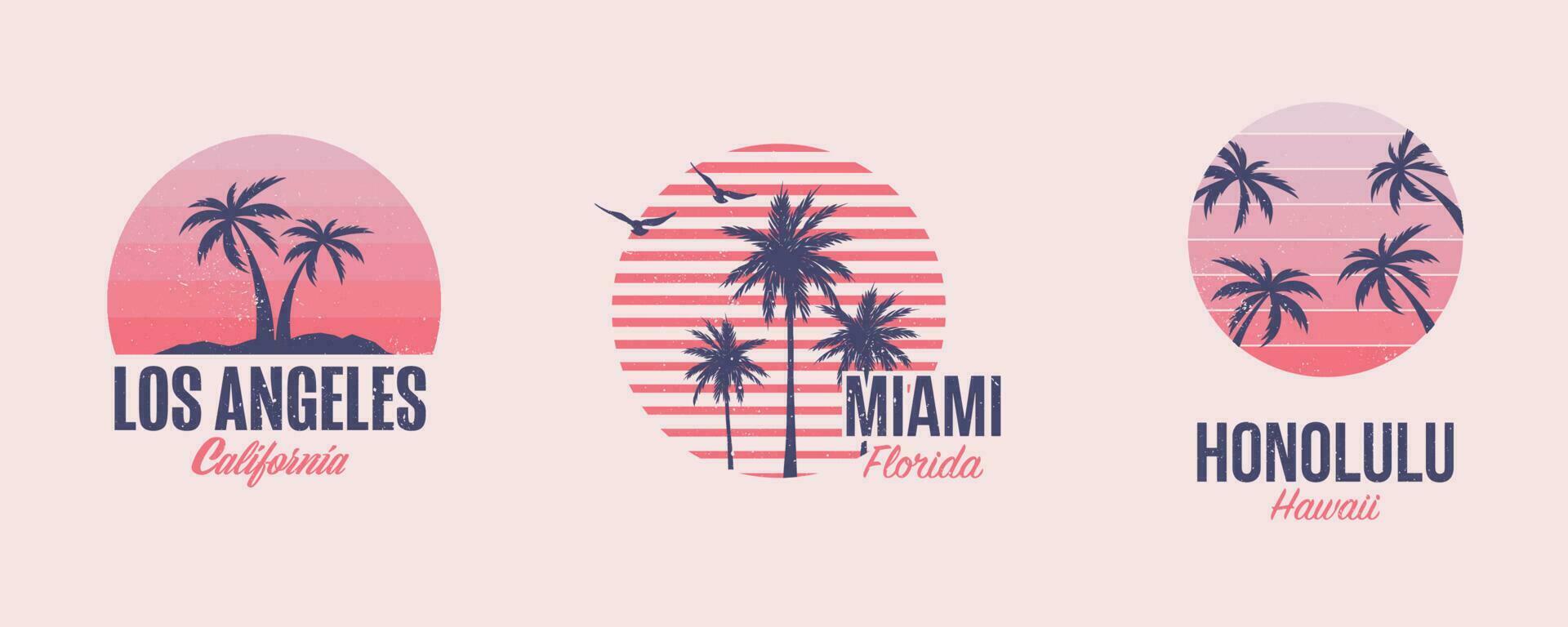 Tshirt template graphics with palms and sunset, Good vibes in Miami, Los Angeles and Honolulu ,Summer Designs. vector