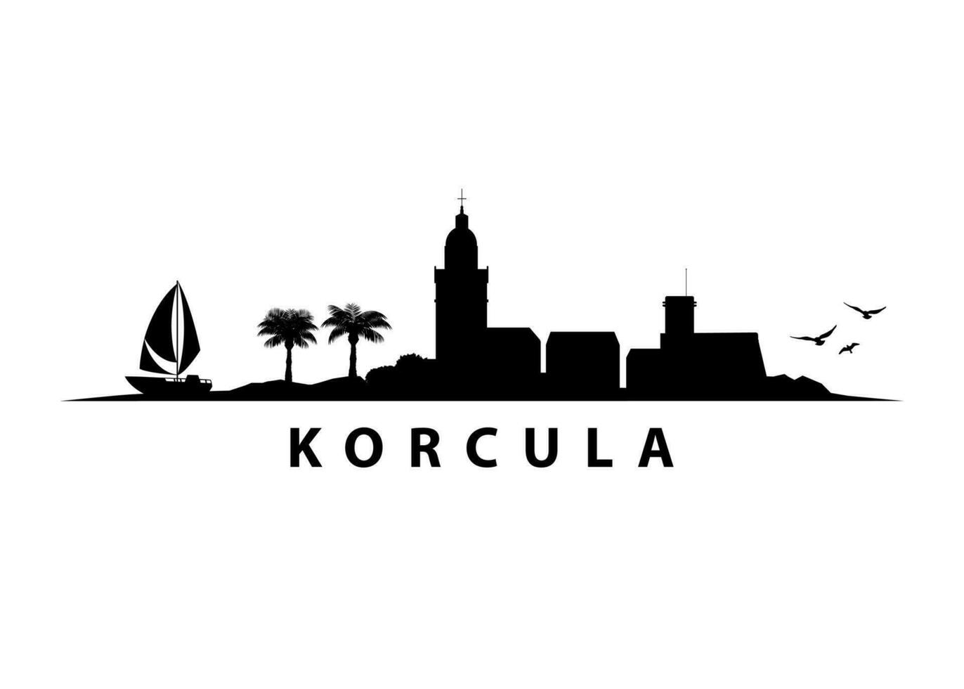 Korcula Island Croatia Skyline Landscape Black Shape Vector Silhouette Graphic Vector