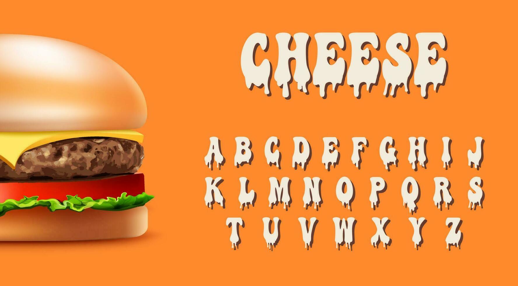 Cheese alphabet. Melted font for restaurants and fast food. ABC vector elements. Menu typo for printing projects. Cheeseburger food typography.