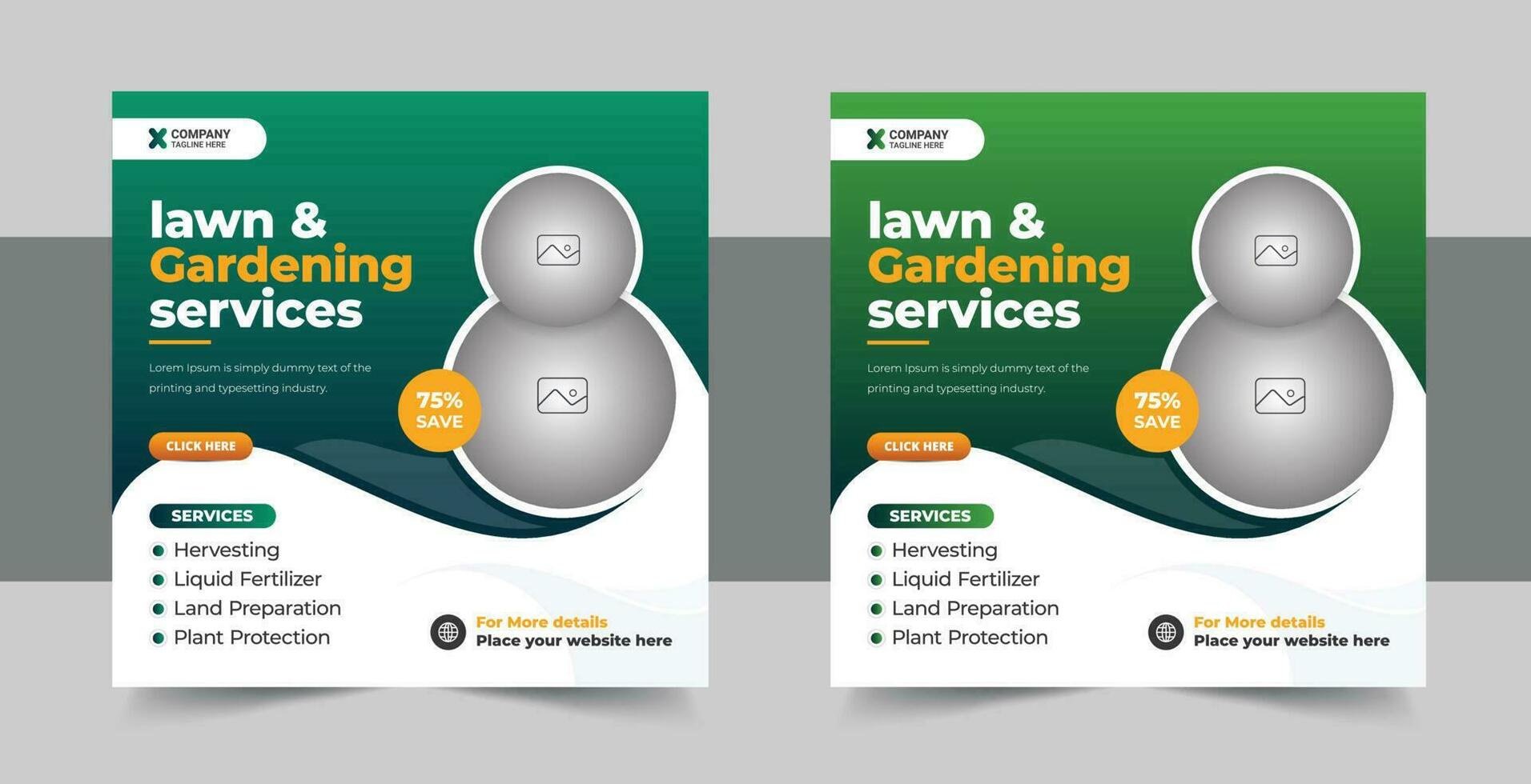 Garden care service and lawn mower business promotion template. Lawn mower and landscaping service social media post vector with green and yellow colors. Agro farming web banner design template