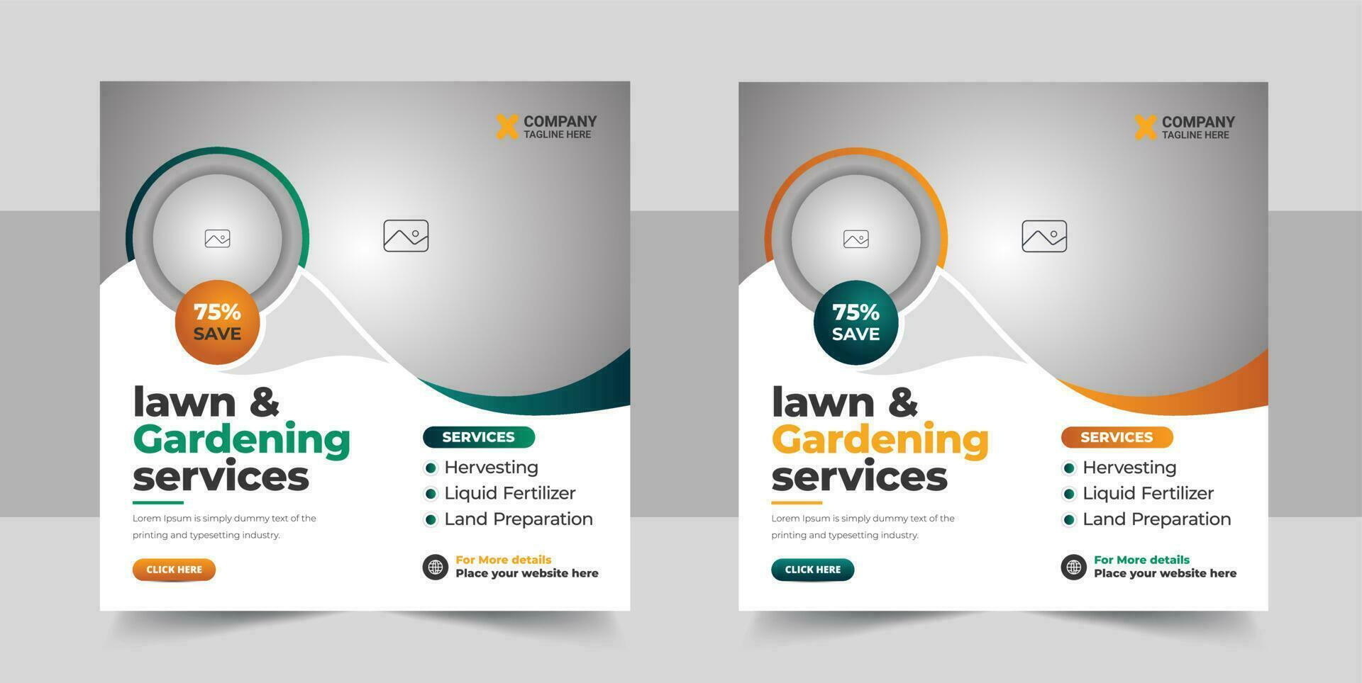 Lawn and gardening service social media post vector. Garden care and lawn mower work promotion template design. Mowing and landscaping advertisement poster design vector