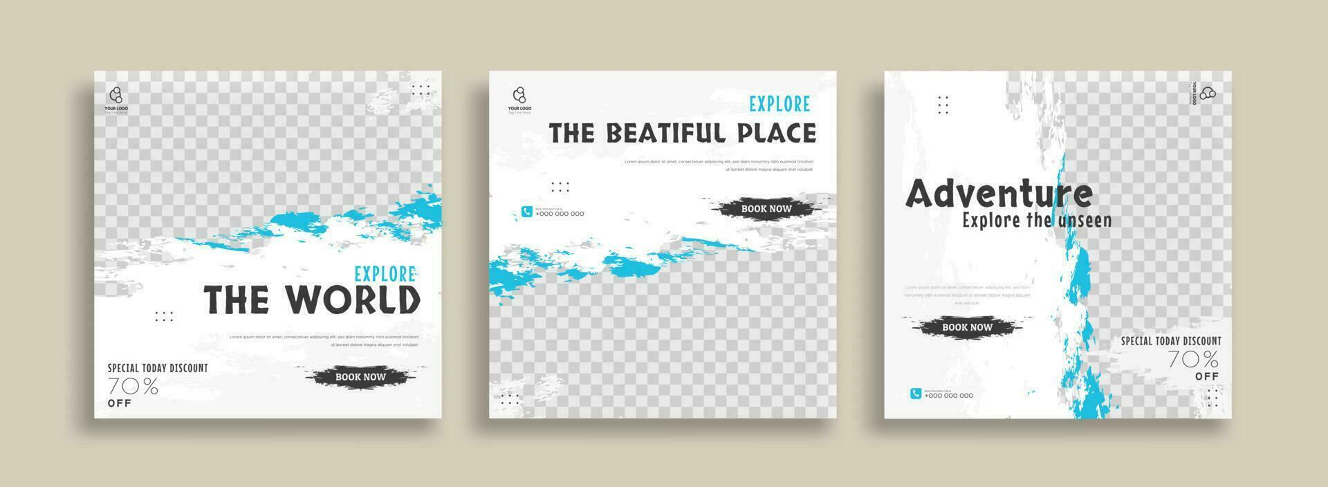 Travel Set of Editable minimal square banner template. Green yellow white background color with geometric shapes for social media post, story and web internet ads. Vector illustration