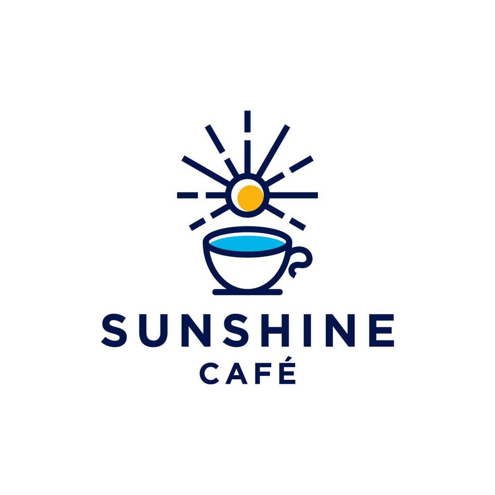 beach cafe logo concept. coffee logo with sun rise and sea water beach coast in modern line outline style vector icon template