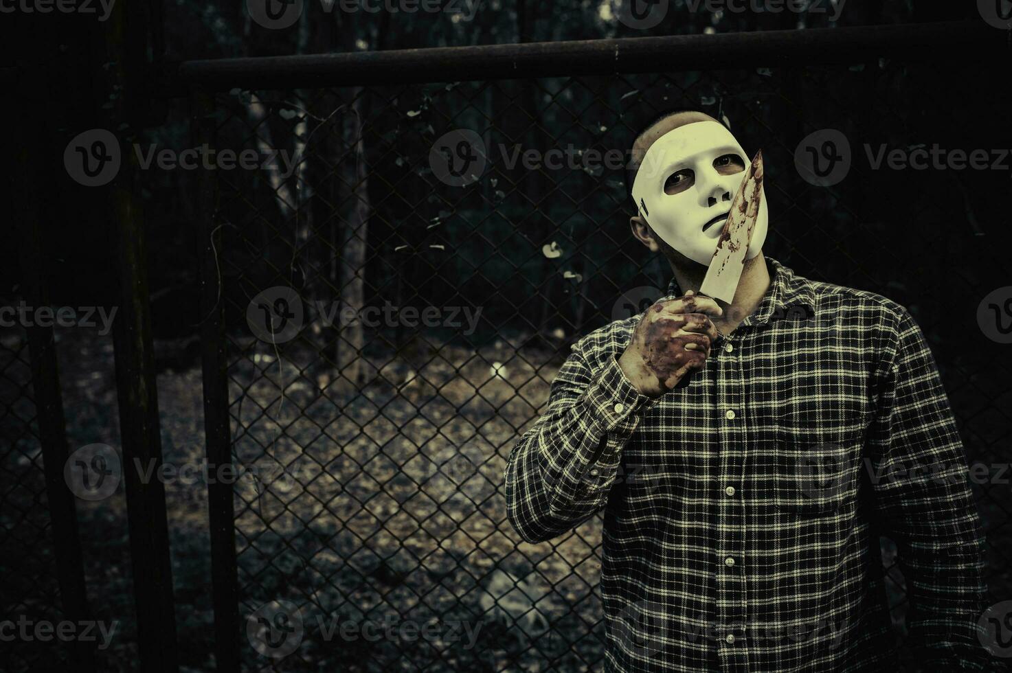 Asian handsome man wear white mask,Murderer male concept,Halloween festival poster photo