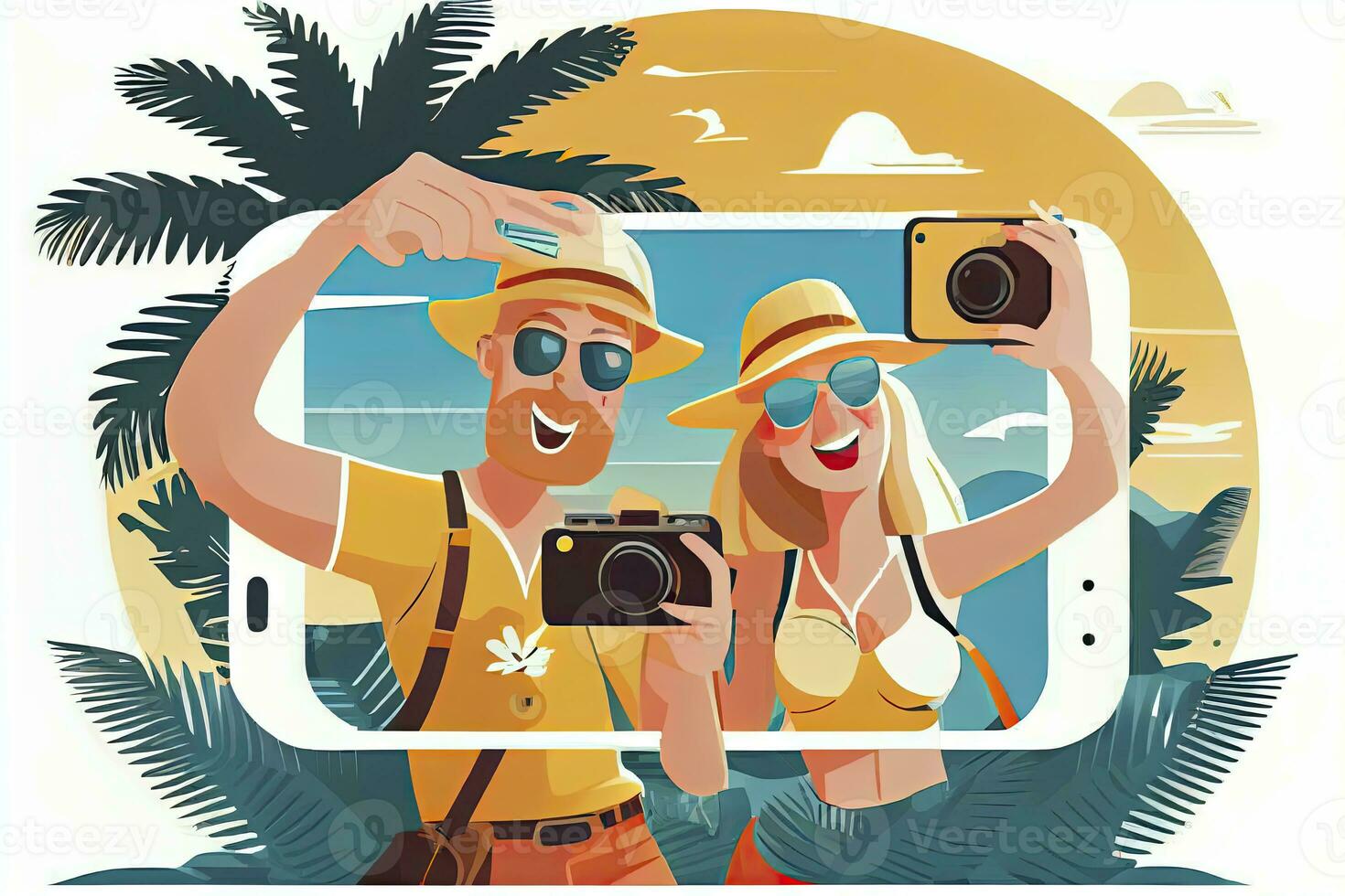 A tourist couple taking selfie photos together on phone. Man and woman going sightseeing on summer holiday