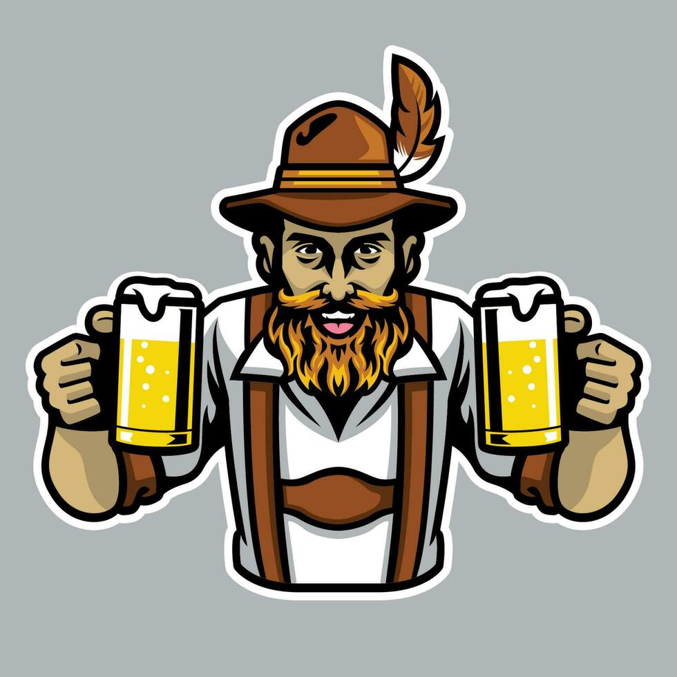 bearded bavarian man holding a couple of beer pint glass vector