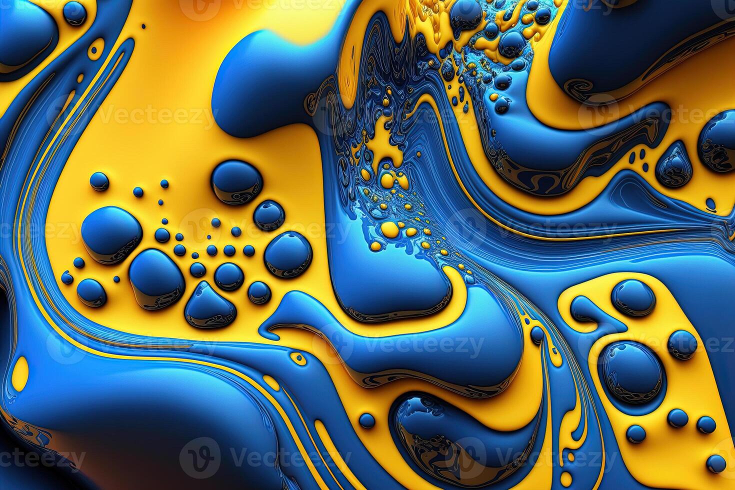 , Flowing liquid with splashes in blue and yellow color. Glossy Ukrainian flag fluid banner, 3D effect, modern macro photorealistic abstract background illustration. photo