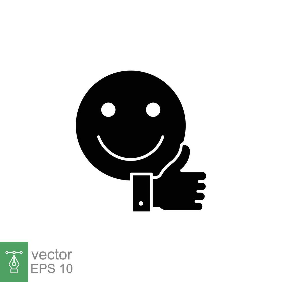 Smile face and hand thumb up icon. Like, happy, favourite, love, and testimonials concept. Simple solid style. Black silhouette, glyph symbol. Vector illustration isolated on white background. EPS 10.