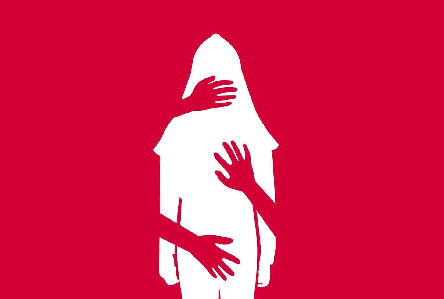 Silhouette of woman, harassment vector illustration. hands of man touching hijab women. Violence against women, Workplace bullying concept. flat concept, text, blue, white, victim, sexual, rape