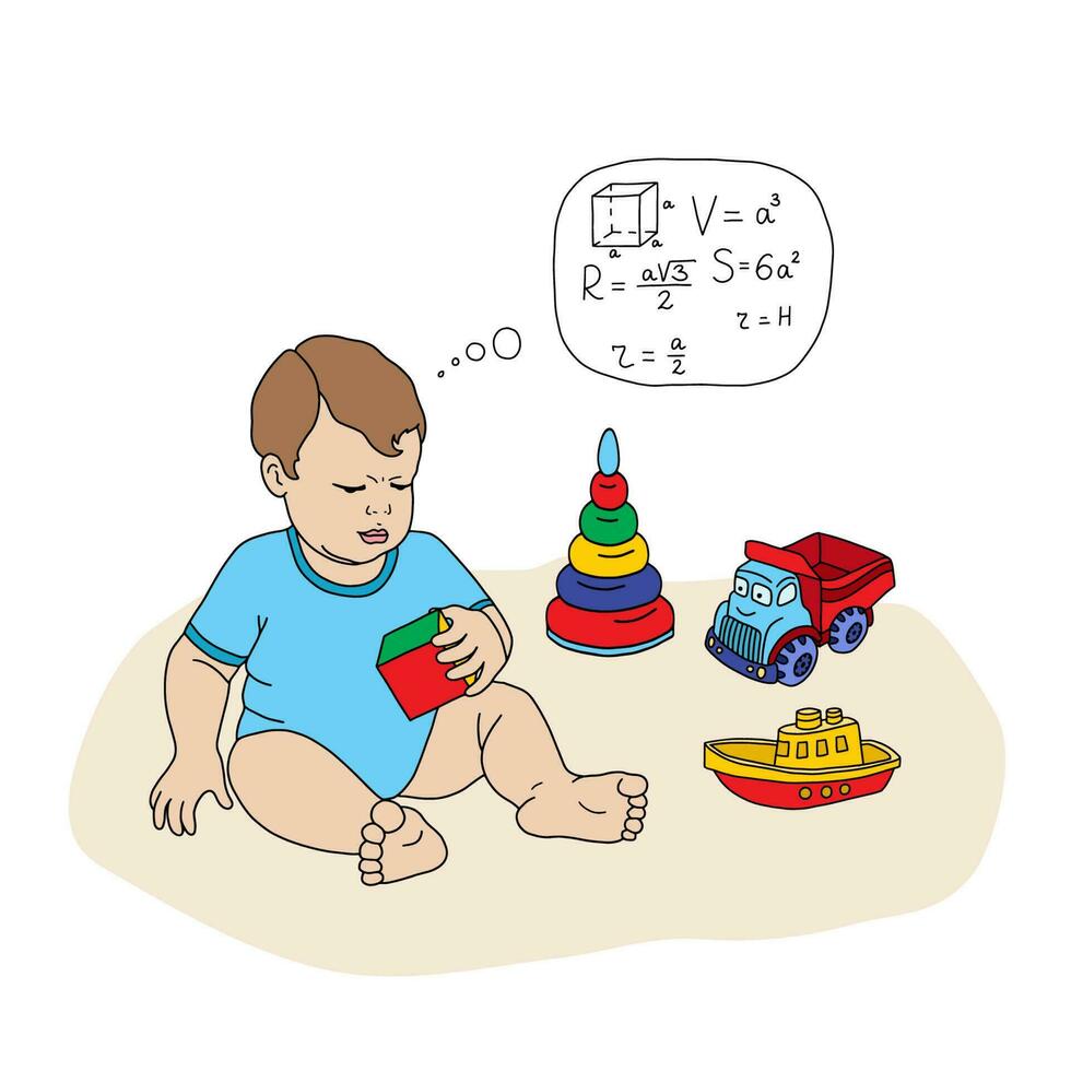 Little prodigy solves the geometry problem in the mind. Child examines a cube drawn in a cartoon style. For postres, postcards, web design, etc. Vector illustration.